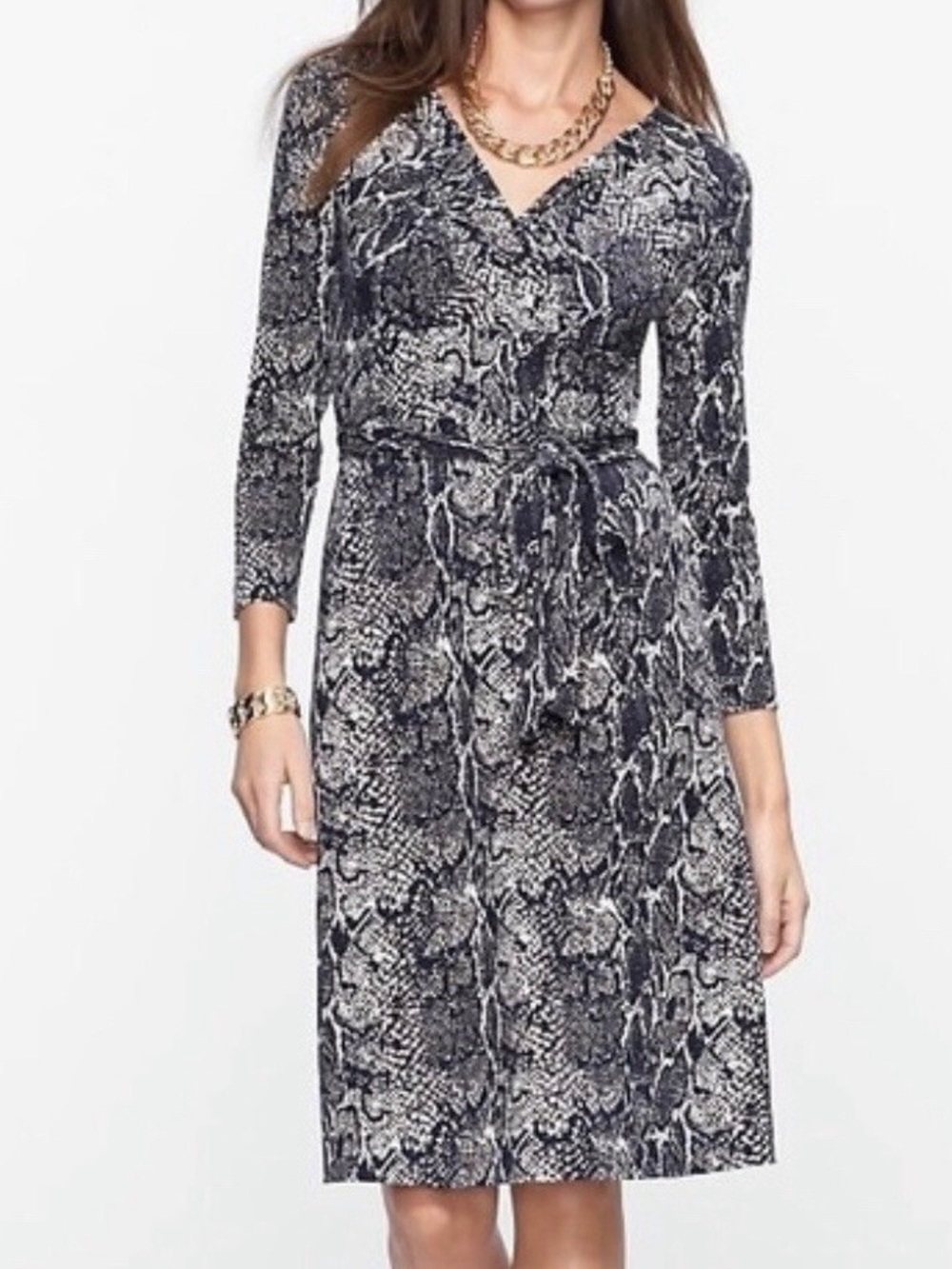 Talbots Black and White Faux Wrap V-Neck Python Snakeskin